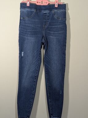 SPANX Pull On Jeans Womens Medium Dark Wash High Rise Raw Hem Stretch Denim